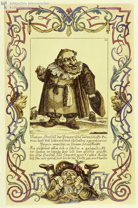 Nathan Hirschl, Vorsteher der Prager Judengemeinde, dargestellt in antisemitischen Stereotypen (ca. 1714)